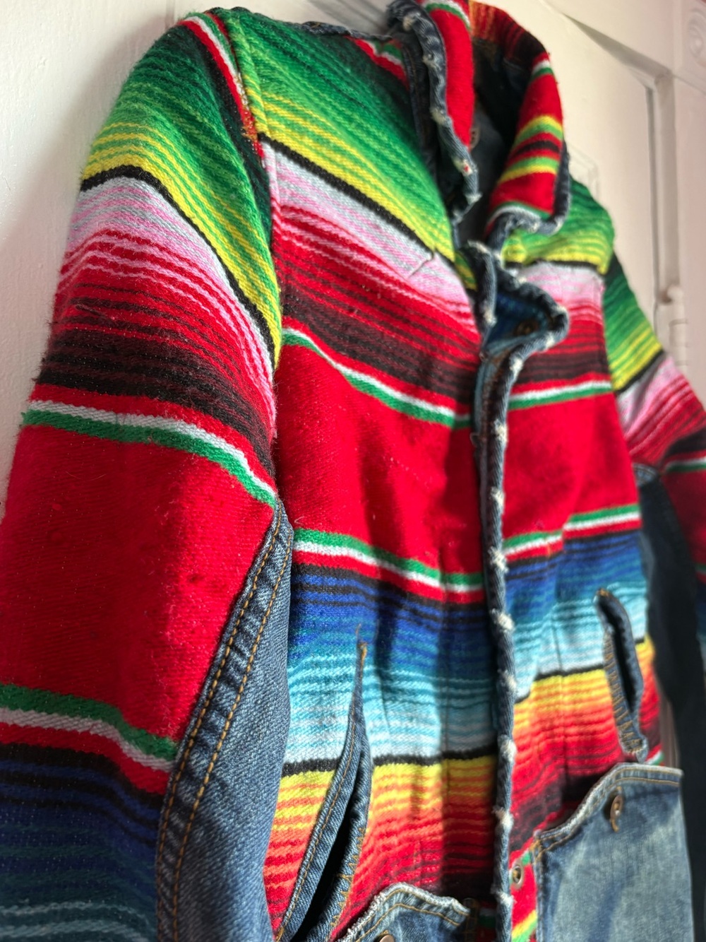 Free People ADL Serape Blanket Denim Mixed Media Patchwork Jacket Boho XS - Picture 4 of 8